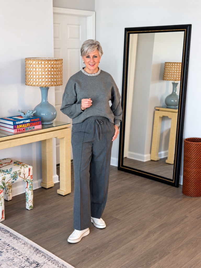 Beth in embellished sweatshirt and pullon pants