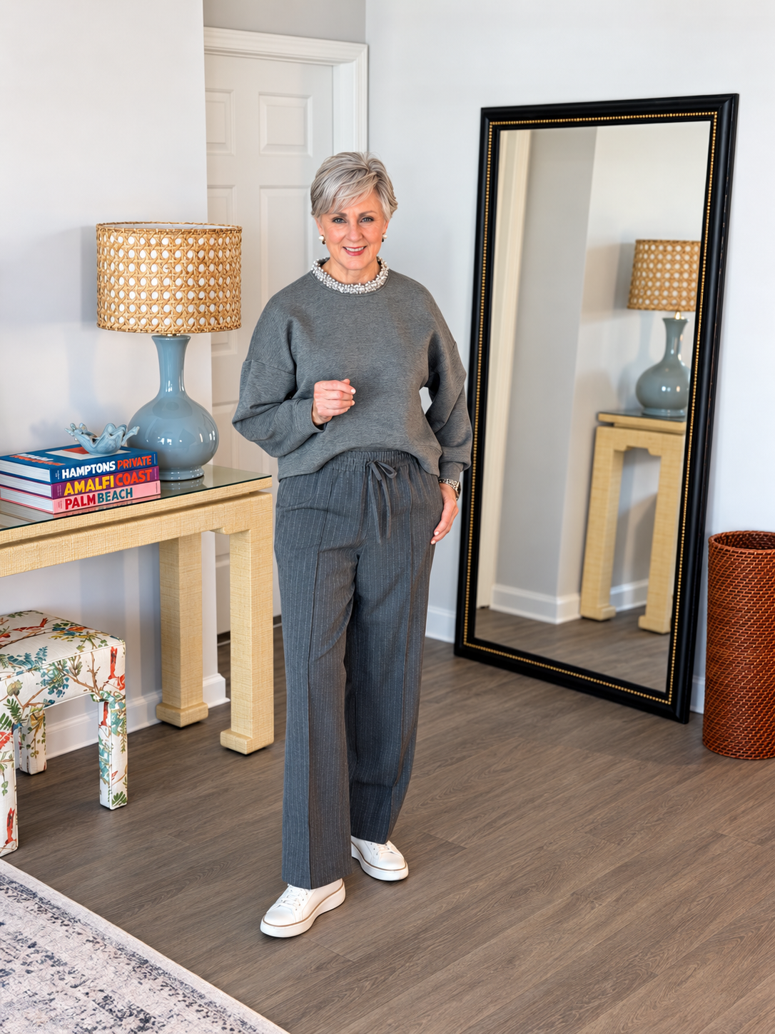 Pearl embellished sweatshirt with pinstripe pull-on pants