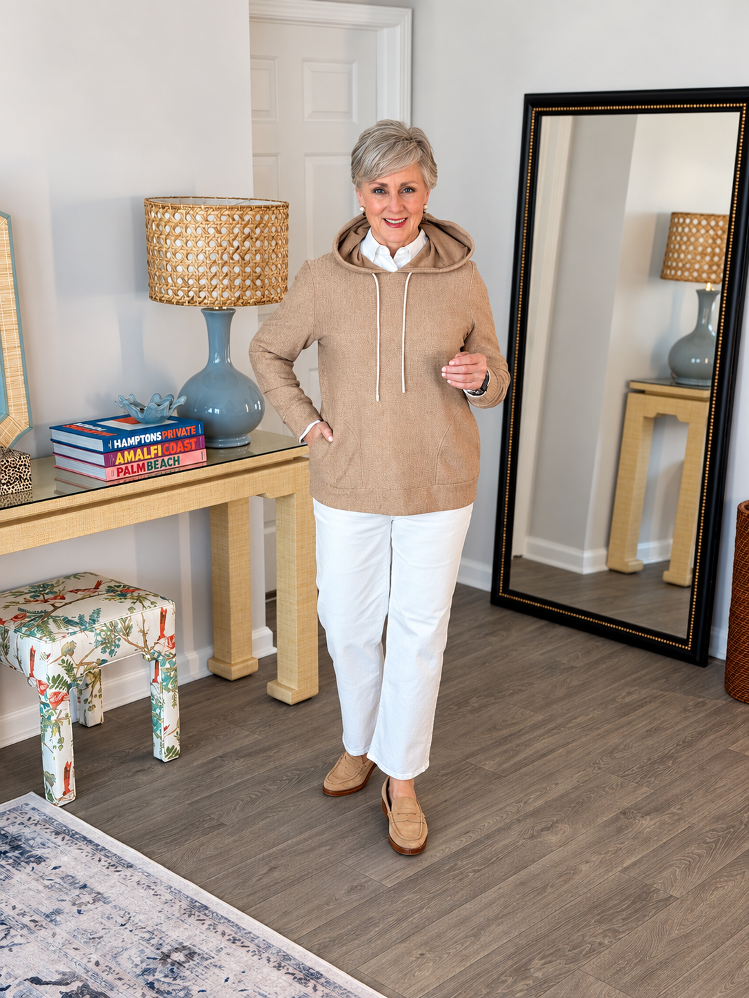 Textured herringbone hoodie over a white button-up with white straight leg jeans