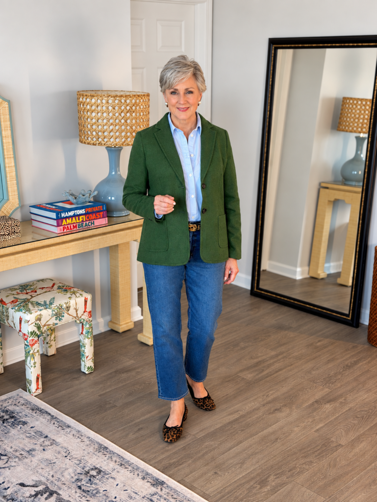 Green Shetland blazer with a light blue oxford shirt and straight leg jeans