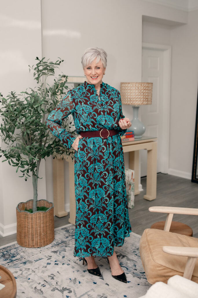 Teal and chocolate silk chiffon midi dress with a burgundy suede belt and black pumps