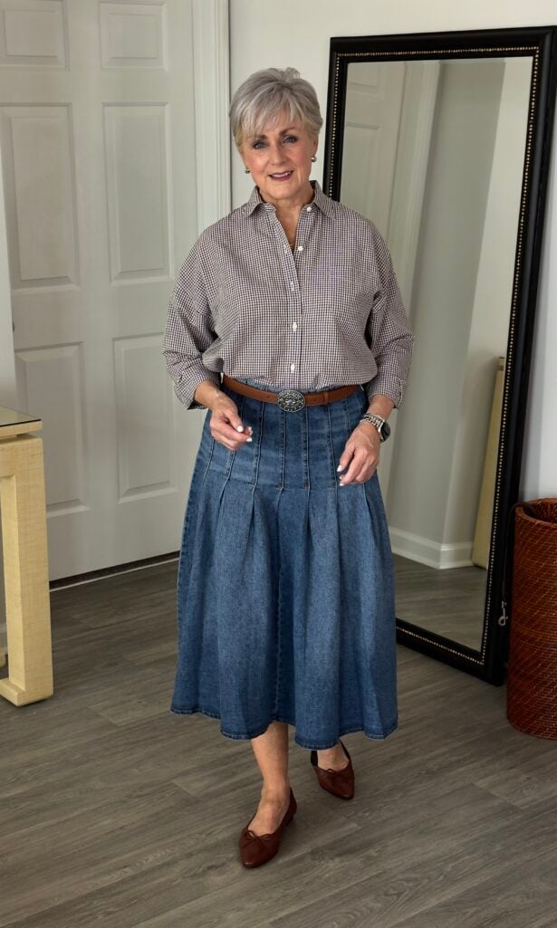 gingham shirt and denim skirt