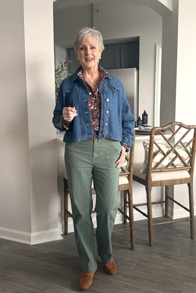 beth in jean jacket and utility pant