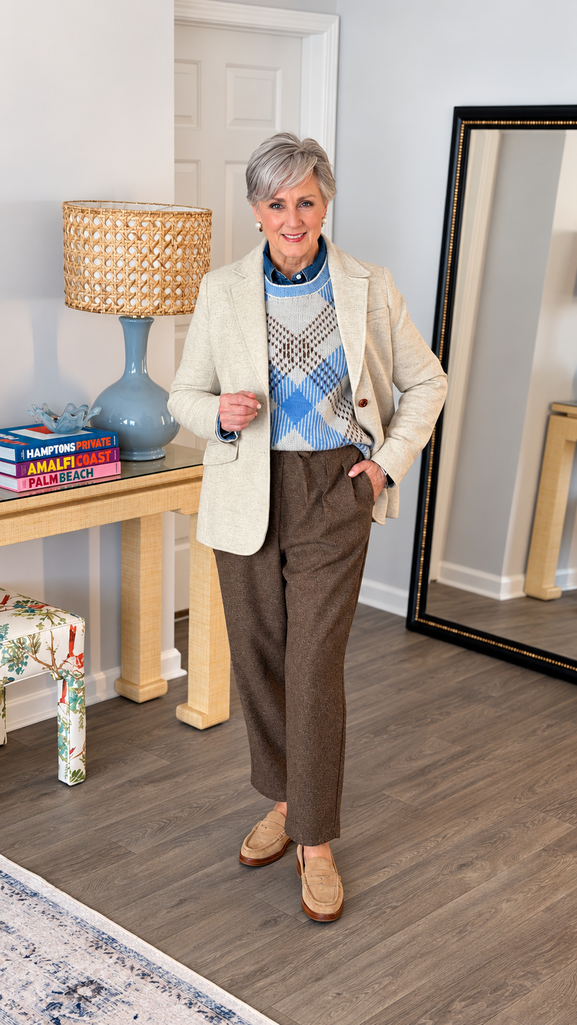 Natural Shetland blazer over a plaid crewneck sweater and denim shirt with tweed pull-on pants