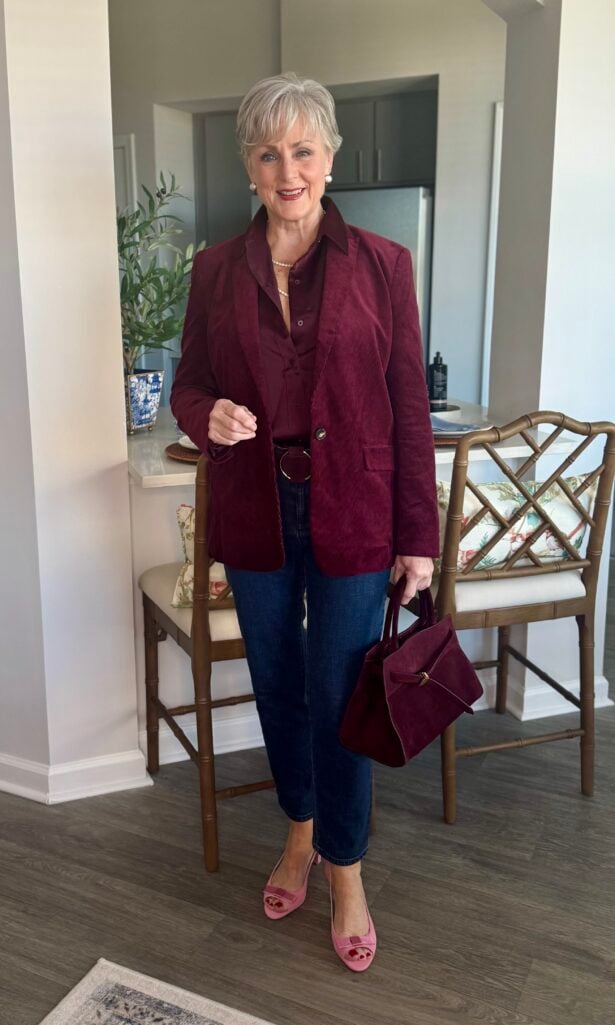 Beth in corduroy blazer, charmeuse blouse, straight leg jeans