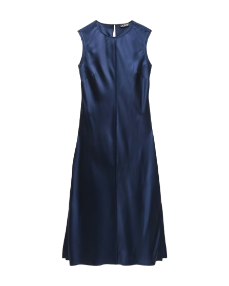 Navy satin sleeveless midi slip dress with a crew neck