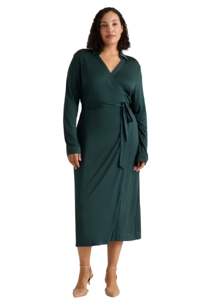 Forest green long-sleeve jersey wrap midi dress with a notched collar and tie waist