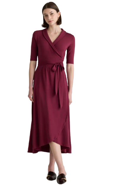 Wine jersey wrap midi dress with elbow sleeves, a shawl collar and an asymmetric hem