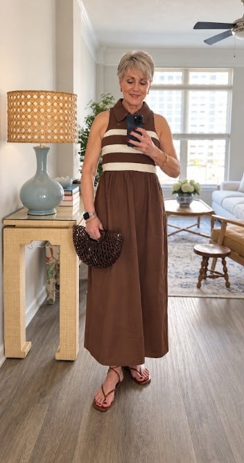 beth in chocolate stripe dress