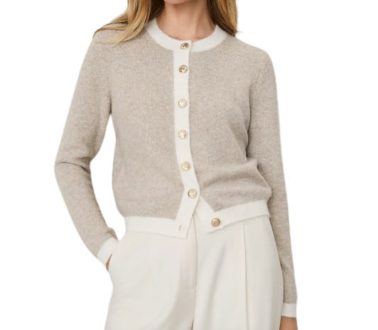 Ann Taylor | Contrast Trim Crew Neck Cardigan