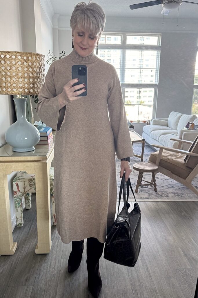 Oatmeal mock neck sweater dress with tall brown boots