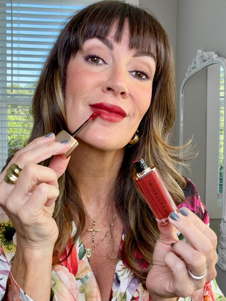 with crimson matte lip color