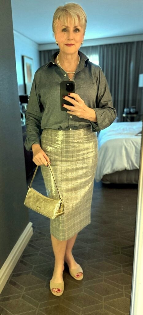 Beth in LA wearing a chambray shirt and sequin skirt